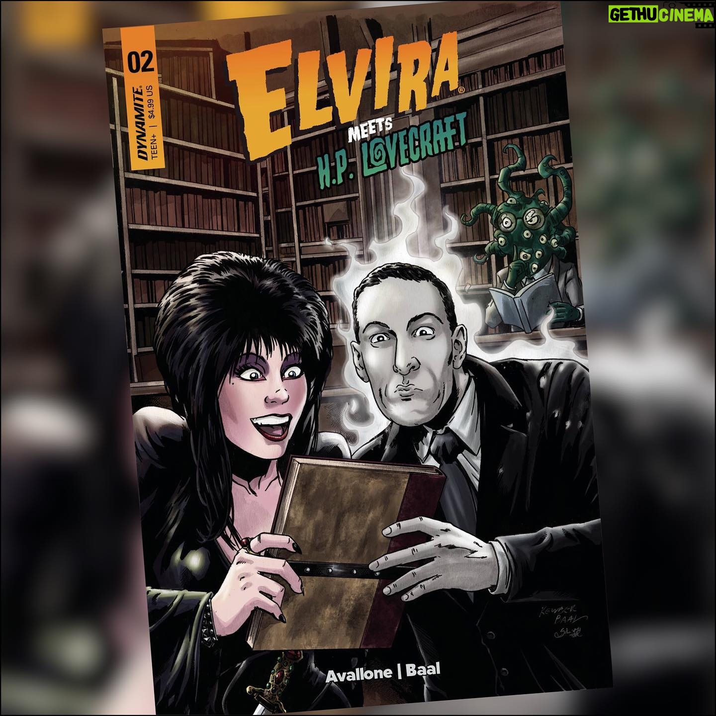 Cassandra Peterson Instagram - Elvira Meets H.P. Lovecraft issue #2 from @dynamitecomics is in stores now! Written by @david_avallone_freelance with covers by @davedrawsgood @kewberbaal @roberthack with photo cover by Lennon. #elvira #elviramistressofthedark #elvirameetshplovecraft #elviracomic #comic #comicbooks #ncbd #dynamitecomics