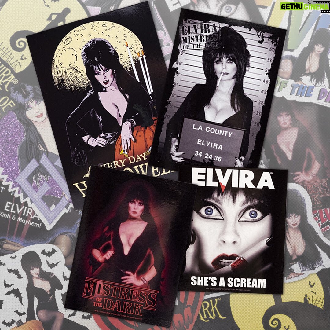 Cassandra Peterson Instagram - Got a favorite place you’d like the Mistress of the Dark to haunt? Grab some of our new spooky @therealelvira stickers and adorn your world with a touch of her dark charm! #elvira #elviramistressofthedark #elvirasbootique #elvirastickers #sticker #stickers #halloweenstickers #horrorstickers #bumpersticker #halloween