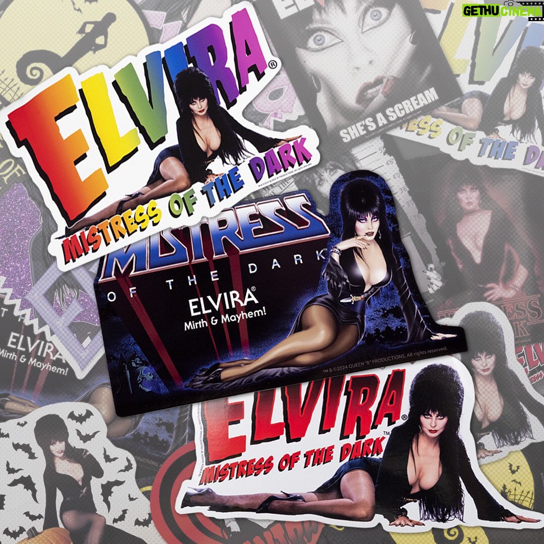 Cassandra Peterson Instagram - Got a favorite place you’d like the Mistress of the Dark to haunt? Grab some of our new spooky @therealelvira stickers and adorn your world with a touch of her dark charm! #elvira #elviramistressofthedark #elvirasbootique #elvirastickers #sticker #stickers #halloweenstickers #horrorstickers #bumpersticker #halloween