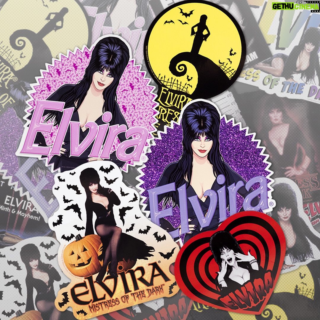 Cassandra Peterson Instagram - Got a favorite place you’d like the Mistress of the Dark to haunt? Grab some of our new spooky @therealelvira stickers and adorn your world with a touch of her dark charm! #elvira #elviramistressofthedark #elvirasbootique #elvirastickers #sticker #stickers #halloweenstickers #horrorstickers #bumpersticker #halloween