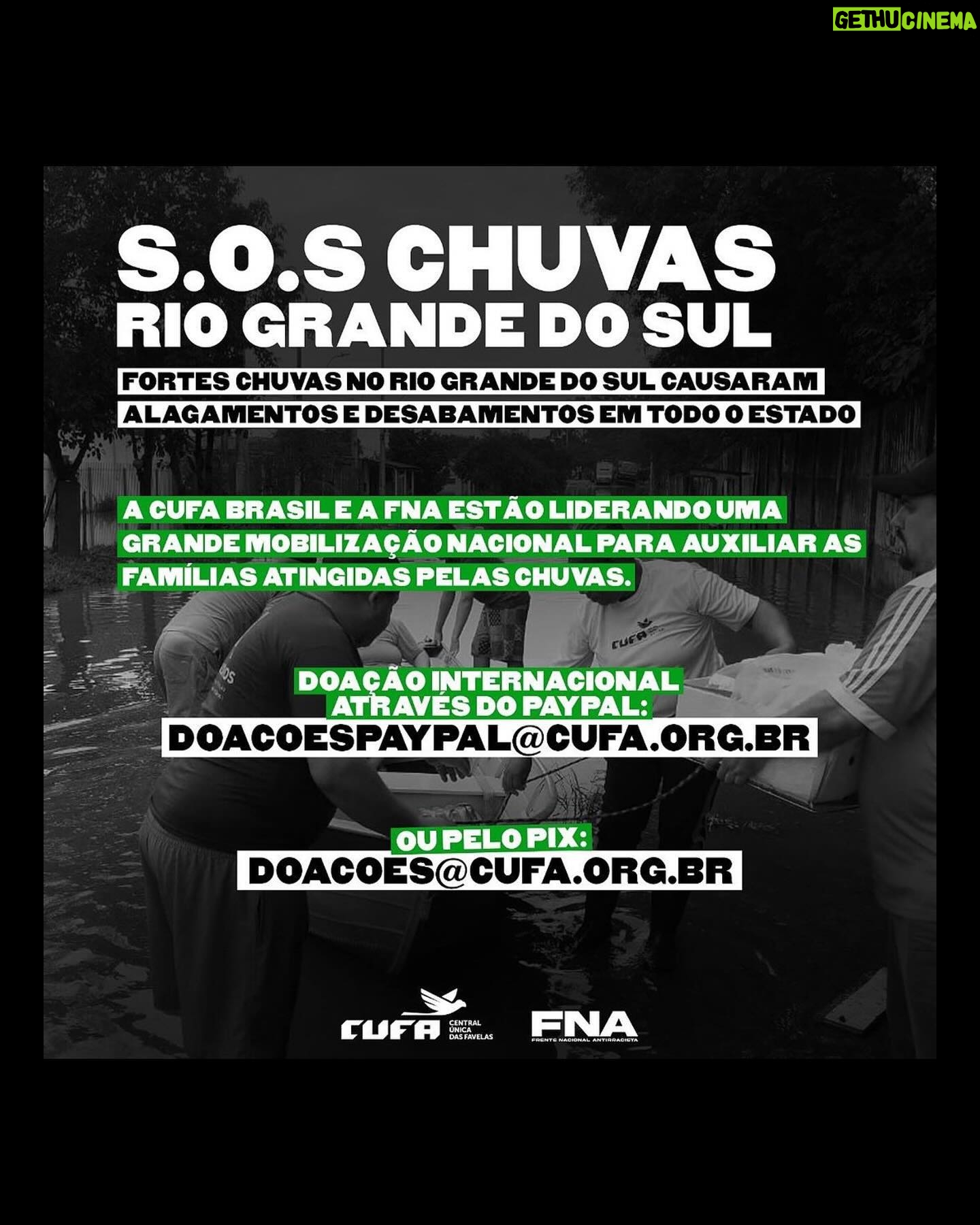 Cauã Reymond Instagram - O Rio Grande do Sul precisa de nossa ajuda. Se cada um fizer um pouco, vira muito. 👉🏼 Ascendendo Mentes e Gerando Falcões: @ascendendomentes é a regional Sul da ONG @gerandofalcoes, está ajudando pessoas afetadas pelas enchentes. Você pode ajudar pelo pix: CNPJ: 39.974.512.0001-94 👉🏼 CUFA: @cufabrasil @cufars Para quem for do Rio de Janeiro pode doar alimentos não perecíveis, produtos de limpeza e higiene pessoal, água, roupas, calçados, cobertores e muito mais na Sede da CUFA - Madureira, RJ ou pelo pelo pix: doacoes@cufa.org.br. 👉🏼 Através dos Correios vocês podem doar alimentos da cesta básica, água mineral, produtos de limpeza, higiene pessoal e ração pra animais nos estados de São Paulo, Rio de Janeiro, Minas Gerais, Santa Catarina, Paraná, Distrito Federal e todos os estados do Nordeste, além de parte das unidades do Rio Grande do Sul. A logística será feita de forma gratuita. Outros estados estão sendo incluídos, mais informações em @correiosoficial. #SOSRioGrandeDoSul