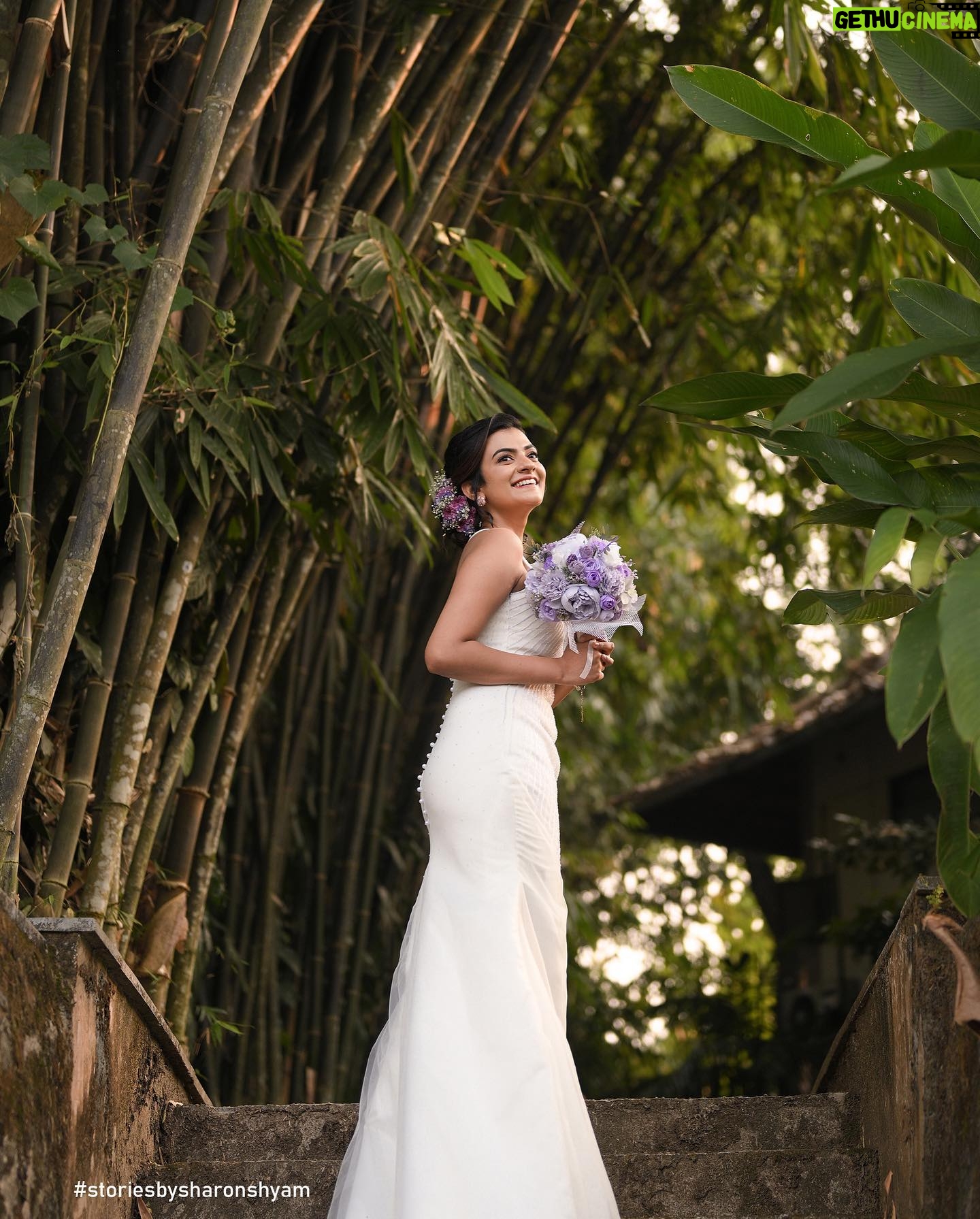 Chaithania Prakash Instagram - 🕊🤍 Airbrush makeup done with Christian gown for @briella.in Amazing gown : @briella.in Bouquet : @briellaflorals Photography : @sharon.shyam @storiesbysharonshyam Makeup & hairstyle : @soumyashyam_makeupartist Location : whispering water resort Reels : @jeeva_balakrishnan @sumin_s_kumar Thanks : @shinil__vinod