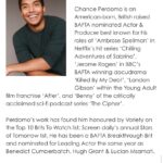 Chance Perdomo Instagram - A glass raised 🥃 From initial nomination To Participation in Breakthrough Brits, It is an honour to continue my relationship with @bafta & align with its mission in the capacity of Film Committee member until May 2023. Thank you to @annahiggstagram , @krishmajumdar , & a Cheers to supporting the growth of creative talent in film, games and television in the UK and internationally. #godbless