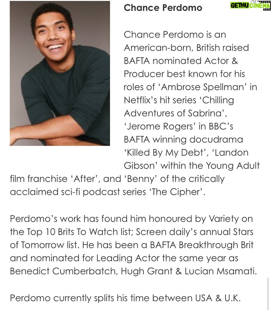 Chance Perdomo Instagram - A glass raised 🥃 From initial nomination To Participation in Breakthrough Brits, It is an honour to continue my relationship with @bafta & align with its mission in the capacity of Film Committee member until May 2023. Thank you to @annahiggstagram , @krishmajumdar , & a Cheers to supporting the growth of creative talent in film, games and television in the UK and internationally. #godbless