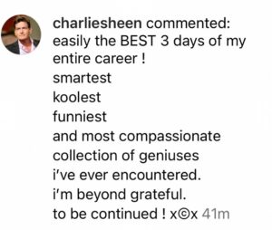 Charlie Sheen Instagram - Big April ahead. Time to show the world what we did. Over 200 people put their all into this, for the good of the team (only one didn’t, which is pretty good). We all had the same goal, to set ourselves on a path to make a show very differently than almost anyone has before. Tremendous risks and sacrifices have been made by many. Now the time has come  to see if it pays off. Ramble On… And please check out the official Ramble On podcast for all the details.