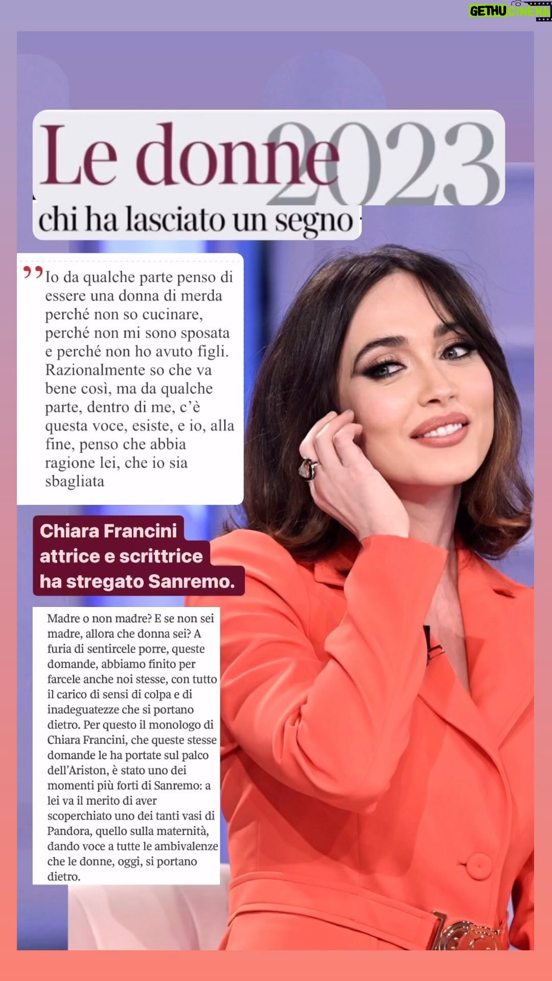 Chiara Francini Instagram - Grazie! “Chiara Francini, attrice e scrittrice è tra le Donne che hanno lasciato un segno nel 2023”. Grazie al @corriere “Chiara Francini ha stregato Sanremo”. “Io da qualche parte penso di essere una donna di merda perché non so cucinare, perché non mi sono sposata e perché non ho avuto figli. Razionalmente so che va bene così, ma da qualche parte, dentro di me, c’è questa voce, esiste, e io, alla fine, penso che abbia ragione lei, che io sia sbagliata” “Madre o non madre? E se non sei madre, allora che donna sei? A furia di sentircele porre, queste domande, abbiamo finito per farcele anche noi stesse, con tutto il carico di sensi di colpa e di inadeguatezze che si portano dietro. Per questo il monologo di Chiara Francini, che queste stesse domande le ha portate sul palco dell’Ariston, è stato uno dei momenti più forti di Sanremo: a lei va il merito di aver scoperchiato uno dei tanti vasi di Pandora, quello sulla maternità, dando voce a tutte le ambivalenze che le donne, oggi, si portano dietro. “ di GRETA SCLAUNICH Grazie anche e soprattutto a tutti voi che mi avete ascoltata e che continuate a farlo.