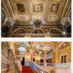 Chris Flores Instagram - Continuação post anterior… As escadas bifurcadas de mármore do hall de entrada da Ópera conduzem à grande escadaria, onde a experiência estética se torna ainda maior. Os dois lances de escada conduzem às entradas do térreo do auditório. Pinturas de Mór Than adornam os nove retângulos dos caixotões dourados que embelezam o teto espelhado acima da escadaria principal. Os tópicos destes são o Despertar da Música e o Poder da Música. Os retângulos alongados nas laterais representam a cena principal da disputa entre Apolo (tocando lira) e Mársias (tocando flauta), intitulada O Julgamento de Tholos. De acordo com a história mitológica, o deus do rio Tolos decidiu que Apolo vencera a disputa, e o sátiro pagou por sua insolência sendo esfolado. A pintura ao redor do lustre faz referências a Hera, Hades, Zeus e Poseidon. A lesene que corre ao longo da parede retrata três cenas ligadas a Orfeu: as pinturas de Mór Than mostram-no primeiro em frente à porta de entrada para o submundo, depois trazendo Eurídice do submundo e, finalmente, ilustram a sua morte. Representações alegóricas de Belas Artes e Arquitetura estão localizadas acima da entrada do Bar Feszty, sendo que este último contém os planos da Ópera. Continua no próximo post… 📷 @ricorreafoto