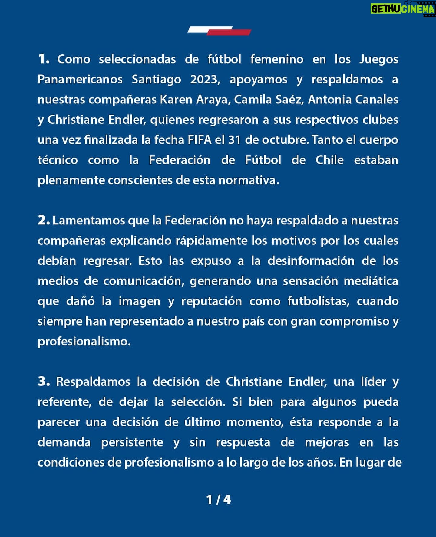 Christiane Endler - 125.1K Likes - Comunicado oficial del Plantel de fútbol femenino adulto Panamericanos Santiago 2023, ante los hechos ocurridos los últimos días!