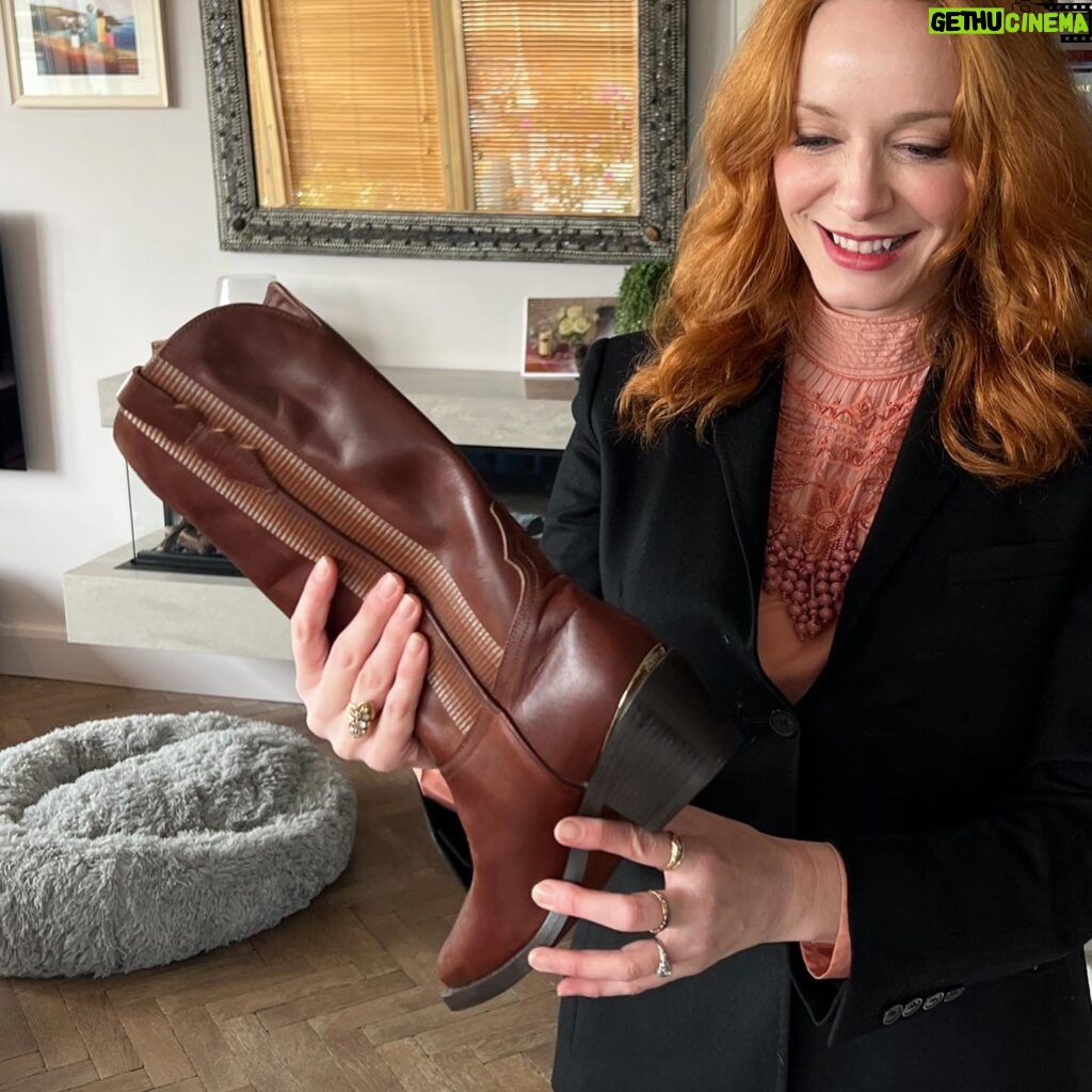 Christina Hendricks Instagram - This is sooooo exciting. @lawrensample and @kaseylemkin of @partlowofficial released their gorgeous new boot line last week and wait for it……. They named this one the “Christina Boot”!!! I’m so honored! She’s a gorgeous boot that is traditional with a twist. C’est moi! @popsugar is already talking about the Christina boot. She’s gonna be iconic. 💋 #partlow #cowboyboot #classicboot #christinaboot