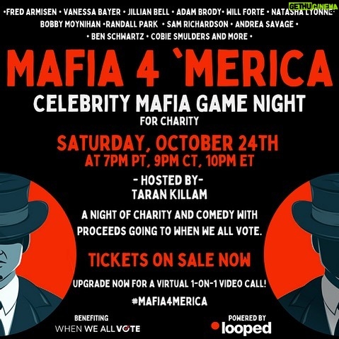 Cobie Smulders Instagram - You guys let’s hang!!! Join me for #Mafia4Merica, a virtual game of Mafia hosted by @tarzannoz, happening LIVE on Saturday, Oct. 24 on @loopedlive! Proceeds from this livestream charity event will support @whenweallvote, so grab a ticket now at events.loopedlive.com/mafia4merica. Direct link in my stories!