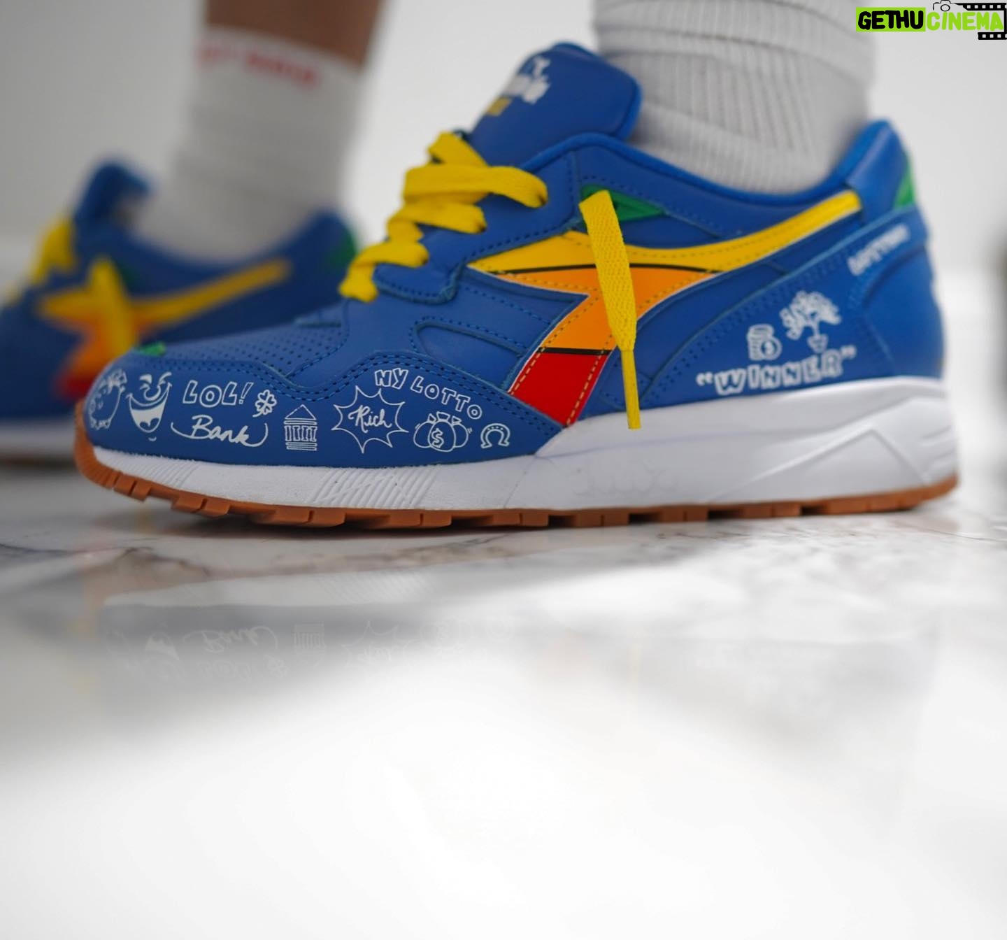 Conceited Instagram - On foot look of both of my Diadora collab sneakers! Both lotto pairs are different with different sayings on both shoes. Then the Studio 54 pair got the leather sock liner and 3M 🤯! Both only 200 pairs worldwide! And then the box they come in! @diadoraofficial @footlockernyc we might release this month😈