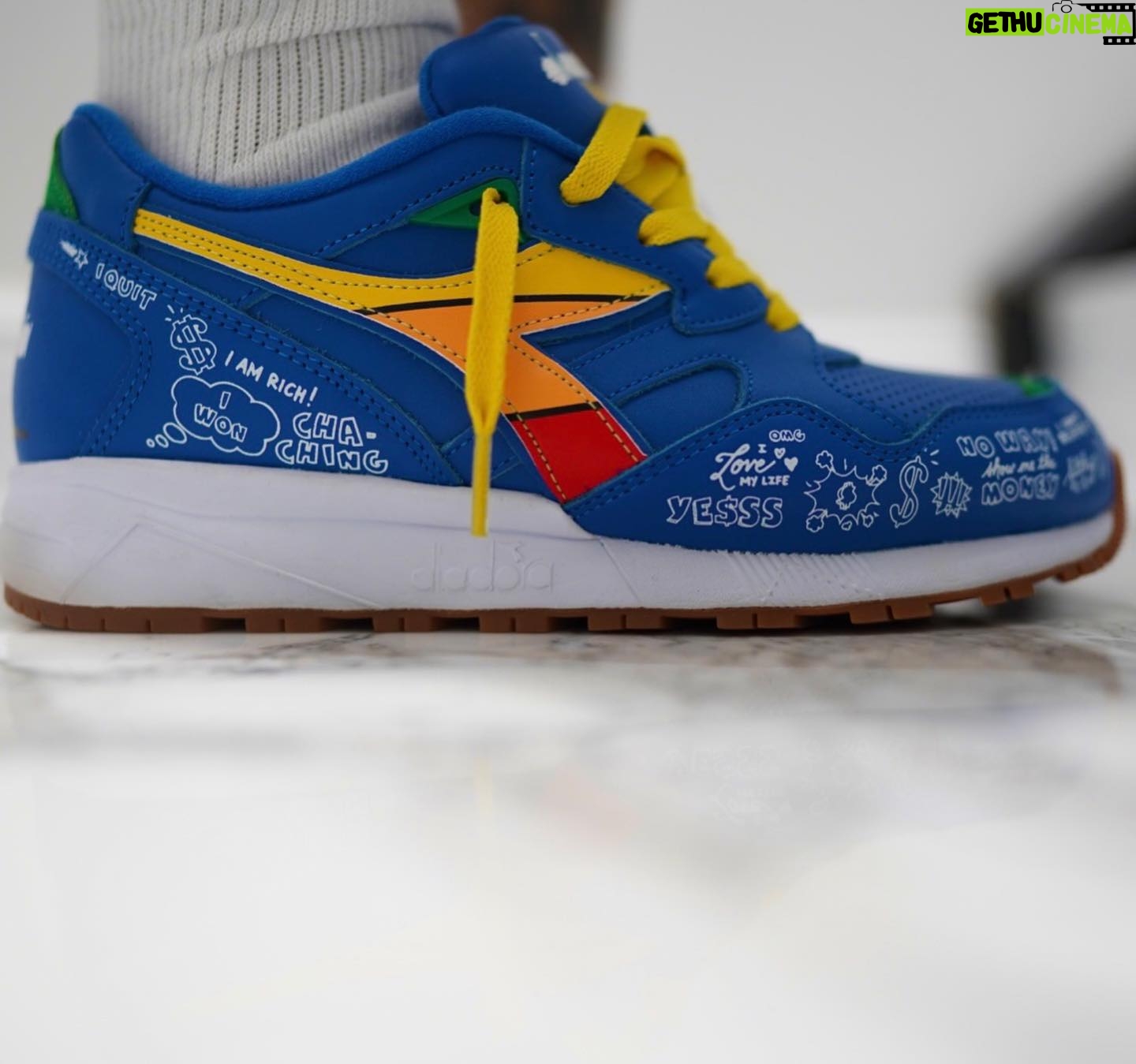 Conceited Instagram - On foot look of both of my Diadora collab sneakers! Both lotto pairs are different with different sayings on both shoes. Then the Studio 54 pair got the leather sock liner and 3M 🤯! Both only 200 pairs worldwide! And then the box they come in! @diadoraofficial @footlockernyc we might release this month😈