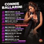 Connie Ballarini Instagram – 📣 Acá todas las fechitas que tengo -por ahora- con mi  Unipersonal de Stand Up ! 

✔️MAYO 
Miércoles 8/5- CABA – agotado 
Miércoles 15/5- CABA – agotado 
Viernes 17/5 – Lomas – agotado 
Sábado 18/5- Tigre Agotado- 2da últimas entradas 
🇲🇽 Mexico 24/5 – 1era función Agotada, 2da función últimas entradas 

✔️JUNIO 
Sábado 1/6 – Ramos Mejía – últimas entradas 
🇨🇴 sábado 8/6- Bogotá -COLOMBIA 
Viernes 21/6- Resistencia 
Sábado 22/6- Corrientes 
Sábado 29/6- Santa Fe 

✔️JULIO 
Viernes 5/7- Quilmes 
Sábado 6/7- San Justo 
Viernes 12/7- Bariloche – Agotado/ 2da función a la venta 
Viernes 26/7- San Fernando 
Sábado 27/7- Escobar – últimas entradas 

✔️AGOSTO 
Viernes 2/8- San Juan 
Sábado 3/8- Mendoza 
Sábado 10/8- Pilar 
Viernes 24/8- Cordoba – doble función -agotado 
Viernes 30/8- San Isidro 

✔️ SEPTIEMBRE 
Viernes 6/9- Banfield 
Sábado 7/9- Morón 
Sábado 14/9- Rosario 
Viernes 20/9- Pacheco
Sábado 21/9- San Martín 

✔️OCTUBRE 
🇪🇸10/10- MADRID – AGOTADO 
  10/10- MADRID-  AGOTADO 
  11/10- BARCELONA- AGOTADO 
  11/10- BARCELONA- AGOTADO 
  12/10- BARCELONA- AGOTADO 
  12/10- BARCELONA – últimas entradas 
  15/10- VALENCIA-  AGOTADO 

✔️NOVIEMBRE 
Sábado 16/11- Montevideo 

🎫Fechas de mis funciones y saca tus entradas en mi página www.connieballarini.com.ar 

Producción @standupargentina