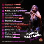 Connie Ballarini Instagram – 📣Un montón de fechitas con mi Unipersonal de Stand Up ! 
A cual venís ?

✔️ABRIL 
Ciclo de los miércoles en el Maipo – Ultimas entradas 
🇵🇪 Sábado 13/4 – LIMA – PERÚ – Agotada 1era función. 2da función: últimas entradas 
Sábado 20/4- Mar Del Plata – Agotado 
Sábado 27/4 – Rosario Agotado 
Sábado 27/4- Rosario – agotado 
Domingo 28/4- Paraná – agotado 

✔️MAYO 
Sábado 4/5 -Ituzaingo 
Miércoles 8/5- CABA 
Miércoles 15/5- CABA 
Viernes 17/5 – Lomas 
Sábado 18/5- Tigre Agotado- 2da funcion a la venta 
🇲🇽 Mexico 24/5 – 1era función Agotada, 2da función últimas entradas 

✔️JUNIO 
Sábado 1/6 – Ramos Mejía 
🇨🇴 sábado 8/6- Bogotá -COLOMBIA 
Viernes 21/6- Resistencia 
Sábado 22/6- Corrientes 
Sábado 29/6- Santa Fe 

✔️JULIO 
Viernes 5/7- Quilmes 
Sábado 6/7- San Justo 
Viernes 12/7- Bariloche – últimas entradas 
Viernes 26/7- San Fernando 
Sábado 27/7- Escobar – últimas entradas 

✔️AGOSTO 
Viernes 2/8- San Juan 
Sábado 3/8- Mendoza 
Sábado 10/8- Pilar 
Viernes 24/8- Cordoba 
Viernes 30/8- San Isidro 

✔️ SEPTIEMBRE 
Viernes 6/9- Banfield 
Sábado 7/9- Morón 
Sábado 14/9- Rosario 
Viernes 20/9- Pacheco
Sábado 21/9- San Martín 

✔️OCTUBRE 
🇪🇸10/10- MADRID – AGOTADO 
  10/10- MADRID-  últimas entradas 
  11/10- BARCELONA- AGOTADO 
  11/10- BARCELONA- AGOTADO 
  12/10- BARCELONA- AGOTADO 
  12/10- BARCELONA – a la venta 
  15/10- VALENCIA-  AGOTADO 

✔️NOVIEMBRE 
Sábado 16/11- Montevideo 

🎫Fechas de mis funciones y saca tus entradas en mi página www.connieballarini.com.ar 

Producción @standupargentina