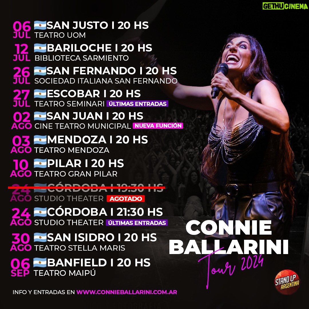 Connie Ballarini Instagram - 📣Un montón de fechitas con mi Unipersonal de Stand Up ! A cual venís ? ✔️ABRIL Ciclo de los miércoles en el Maipo - Ultimas entradas 🇵🇪 Sábado 13/4 - LIMA - PERÚ - Agotada 1era función. 2da función: últimas entradas Sábado 20/4- Mar Del Plata - Agotado Sábado 27/4 - Rosario Agotado Sábado 27/4- Rosario - agotado Domingo 28/4- Paraná - agotado ✔️MAYO Sábado 4/5 -Ituzaingo Miércoles 8/5- CABA Miércoles 15/5- CABA Viernes 17/5 - Lomas Sábado 18/5- Tigre Agotado- 2da funcion a la venta 🇲🇽 Mexico 24/5 - 1era función Agotada, 2da función últimas entradas ✔️JUNIO Sábado 1/6 - Ramos Mejía 🇨🇴 sábado 8/6- Bogotá -COLOMBIA Viernes 21/6- Resistencia Sábado 22/6- Corrientes Sábado 29/6- Santa Fe ✔️JULIO Viernes 5/7- Quilmes Sábado 6/7- San Justo Viernes 12/7- Bariloche - últimas entradas Viernes 26/7- San Fernando Sábado 27/7- Escobar - últimas entradas ✔️AGOSTO Viernes 2/8- San Juan Sábado 3/8- Mendoza Sábado 10/8- Pilar Viernes 24/8- Cordoba Viernes 30/8- San Isidro ✔️ SEPTIEMBRE Viernes 6/9- Banfield Sábado 7/9- Morón Sábado 14/9- Rosario Viernes 20/9- Pacheco Sábado 21/9- San Martín ✔️OCTUBRE 🇪🇸10/10- MADRID - AGOTADO 10/10- MADRID- últimas entradas 11/10- BARCELONA- AGOTADO 11/10- BARCELONA- AGOTADO 12/10- BARCELONA- AGOTADO 12/10- BARCELONA - a la venta 15/10- VALENCIA- AGOTADO ✔️NOVIEMBRE Sábado 16/11- Montevideo 🎫Fechas de mis funciones y saca tus entradas en mi página www.connieballarini.com.ar Producción @standupargentina