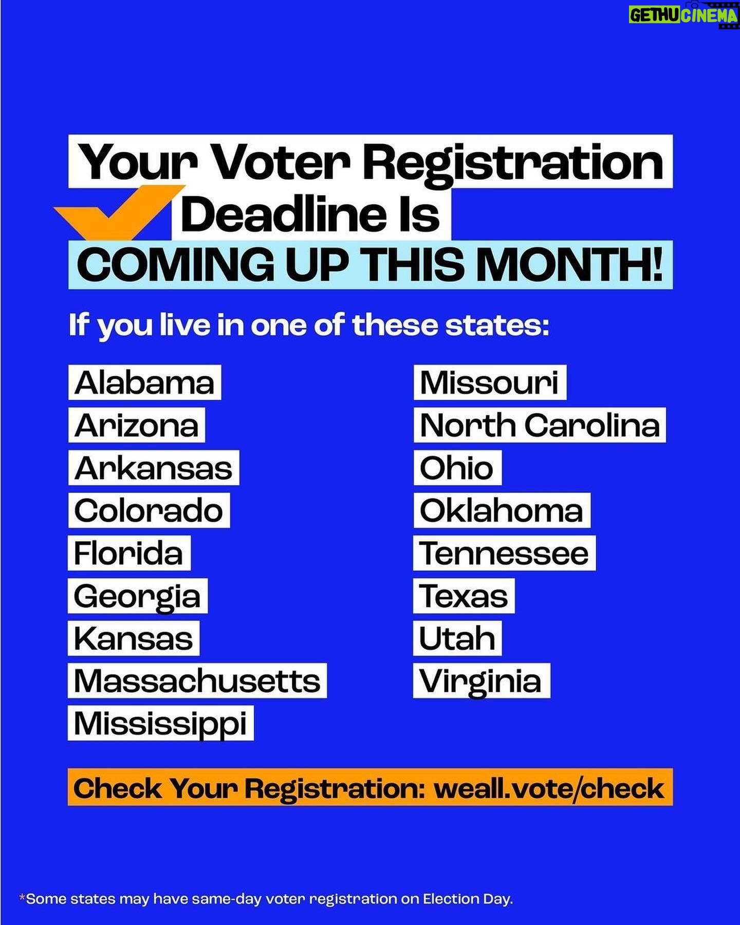 Cyndi Lauper Instagram - ๐ฃ๏ธ ITโS OFFICIALLY FEBRUARY! Letโs get it ๐ Here are ALL the voter registration deadlines coming up this month: ๐น Monday, 2/5: Arkansas, Tennessee, and Texas ๐น Friday, 2/9: North Carolina and Oklahoma ๐น Monday, 2/12: Georgia, Mississippi, and Virginia ๐น Monday, 2/19: Alabama ๐น Tuesday, 2/20: Arizona, Florida, Kansas, and Ohio ๐น Wednesday, 2/21: Missouri (D) ๐น Friday, 2/23: Utah ๐น Saturday, 2/24: Massachusetts ๐น Monday, 2/26: Colorado See your state listed? ๐ Make sure youโre registered and ready in time for this yearโs elections at the ๐ in @whenweallvote bio