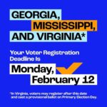 Cyndi Lauper Instagram - 🗣️ IT’S OFFICIALLY FEBRUARY! Let’s get it 😎 Here are ALL the voter registration deadlines coming up this month: 🔹 Monday, 2/5: Arkansas, Tennessee, and Texas 🔹 Friday, 2/9: North Carolina and Oklahoma 🔹 Monday, 2/12: Georgia, Mississippi, and Virginia 🔹 Monday, 2/19: Alabama 🔹 Tuesday, 2/20: Arizona, Florida, Kansas, and Ohio 🔹 Wednesday, 2/21: Missouri (D) 🔹 Friday, 2/23: Utah 🔹 Saturday, 2/24: Massachusetts 🔹 Monday, 2/26: Colorado See your state listed? 👀 Make sure you’re registered and ready in time for this year’s elections at the 🔗 in @whenweallvote bio
