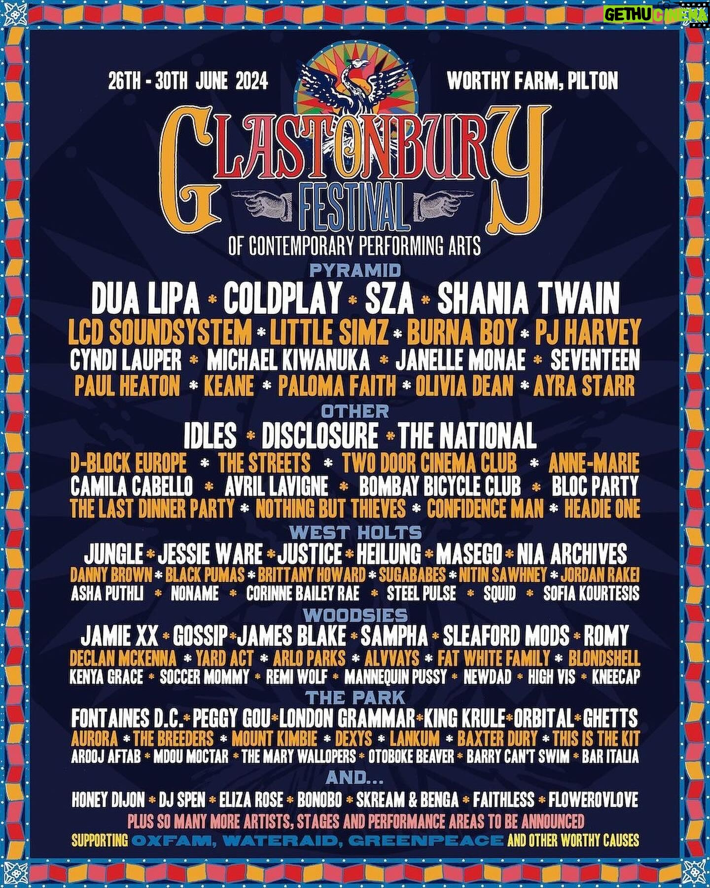 Cyndi Lauper Instagram - Iβm playing @glastofest! π©πΌβπ€πΆπ€ π @glastofest Here is the first Glastonbury Festival 2024 line-up poster. Many more acts and attractions still to be announced. Tickets for this yearβs Festival are sold out, but our prize draw for 20 pairs is raising emergency funds to support people affected by conflict, via link in @glastofest bio Poster: @stanleydonwood