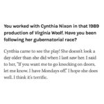Cynthia Nixon Instagram - When I was 22, I got the incredible honor and thrill of doing Who’s Afraid of Virginia Woolf with Glenda Jackson. She knocked my socks off. I was wildly intimidated and completely enamored and she was so generous, warm and kind to me (albeit in her no muss no fuss way). I had devoured her Emmy winning performance as Elizabeth I as a kid, guffawed at her opposite Walter Matthau, was terrified by her Hedda Gabbler, wept at her Mother Courage, cheered when she left acting to enter parliament, and was thrilled beyond belief to get to see her play King Lear with such power and such humanity. She was a great actor and a fierce champion for working people. I’m so sad today but so inspired by the example of her life.