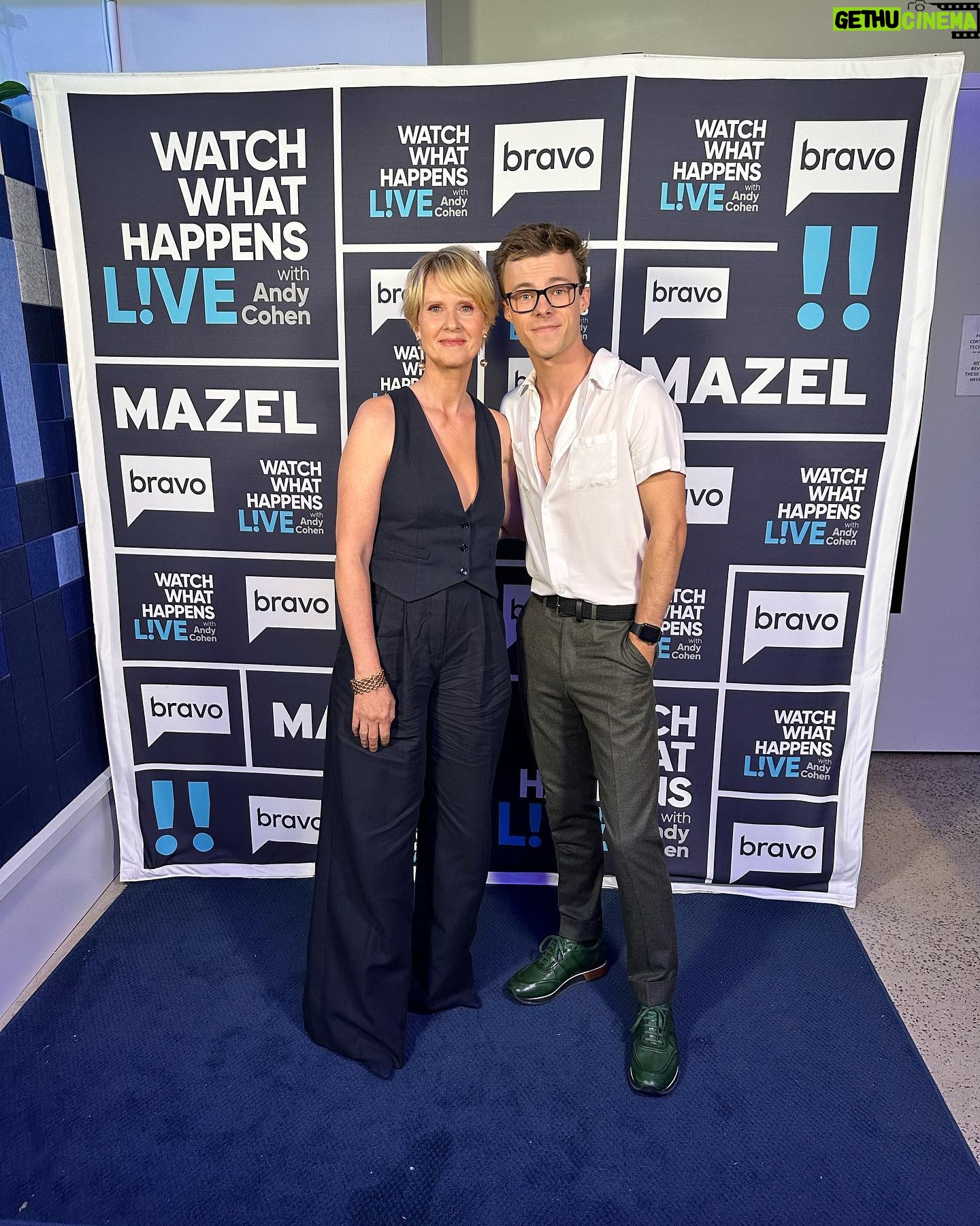 Cynthia Nixon Instagram - It’s Cynthia and it’s @kimpetras on Watch What Happens Live! Watch us and our bartender @nicholas.hamilton at 10:30pm on @BravoTV 🌈 #WWHL