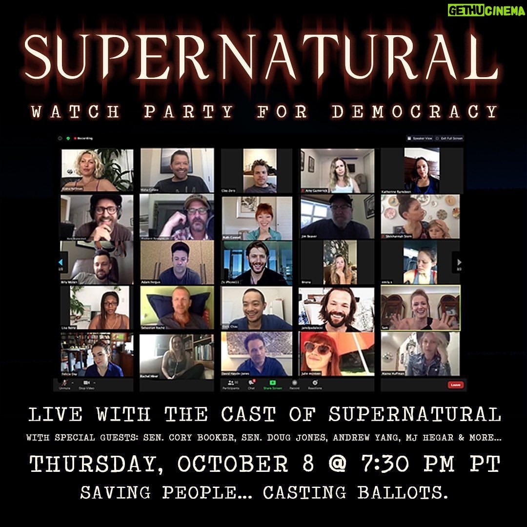 Danneel Ackles - 64.8K Likes - Want to join a Zoom watch party with me, the boys & tons of other cast mates for #Supernatural’s return? We’ll be starting early at 7:30 PM PT to talk about saving the world by voting with guests @corybooker, @andrewyang, @dougjonesbama, @mjfortexas & more! bit.ly/SPNVotes
LINK IN PROFILE
#SPNVotes