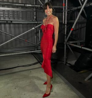 Davina McCall Instagram - That’s it for this week !!! What a total LEDGE  that was … no spoilers ! I usually get on x during @maskedsingeruk so we can watch and gossip together next week x thanks to glam gang for this week hair by @mdlondon 🩷 make up @cherylphelpsgardiner and styling @abigailrosewhite dress @alexandrevauthier , shoes @ginashoesofficial , jewellery @mariablackjewellery