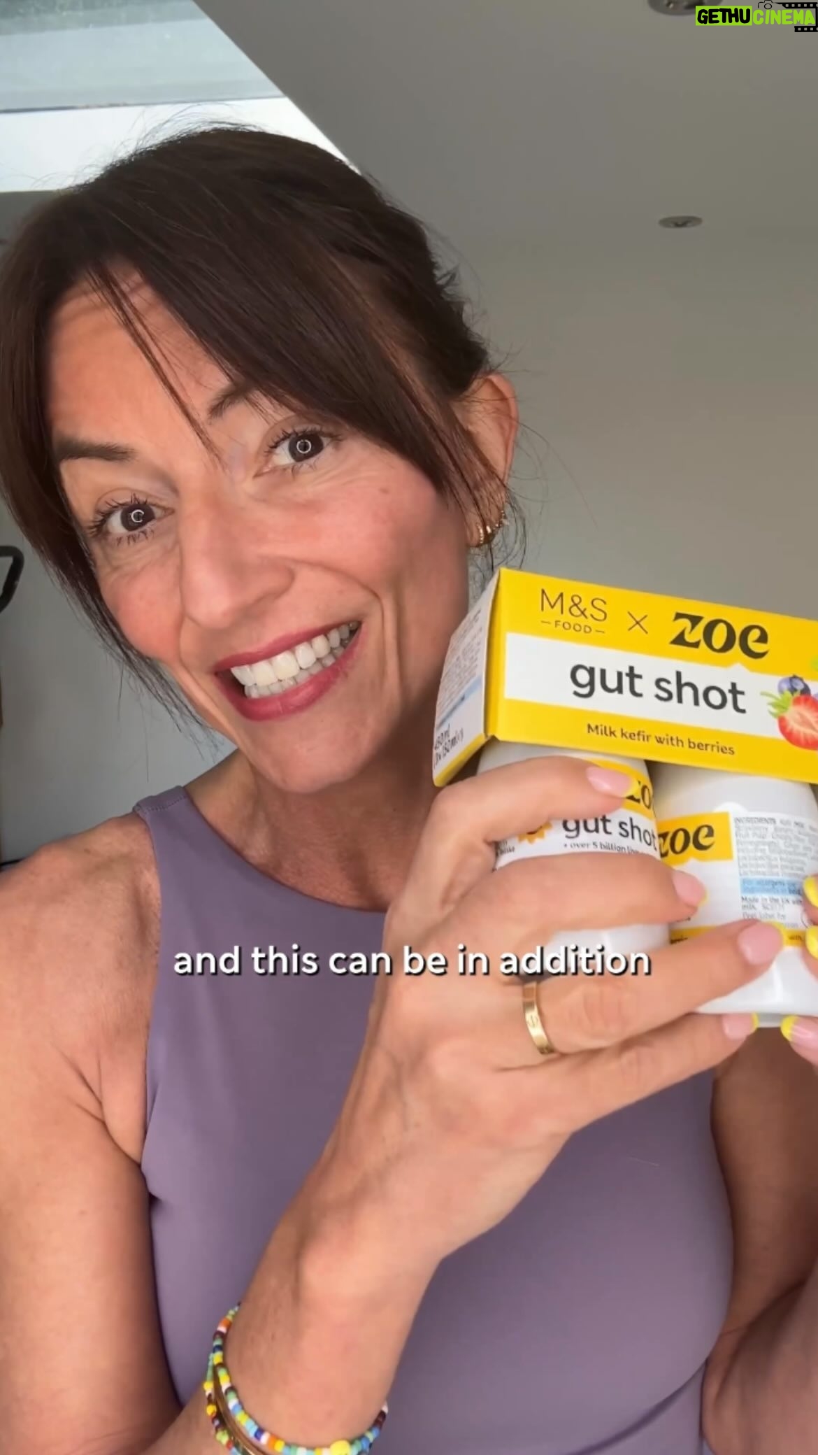 Davina McCall Instagram - #ad Best news … my fave M&S Food X ZOE Gut Shot now comes in a 3 pack !! 🤩 @tim.spector and the world leading nutrition scientists at @zoe created these exclusively with M&S, a first of its kind collab.. they have so many benefits. High in fibre, a source of calcium.. they’re kefir-based and have over 5 billion live cultures from 14 different strains. They taste amazing … full of blackcurrants, strawberries and blueberries 🫐🙌 These last about 5 seconds in my house!!! just one bottle a day can support ur gut health, and u can track it on the ZOE app 👏 find them in ur nearest M&S Foodhall or on @ocadouk #thisisnotjust x