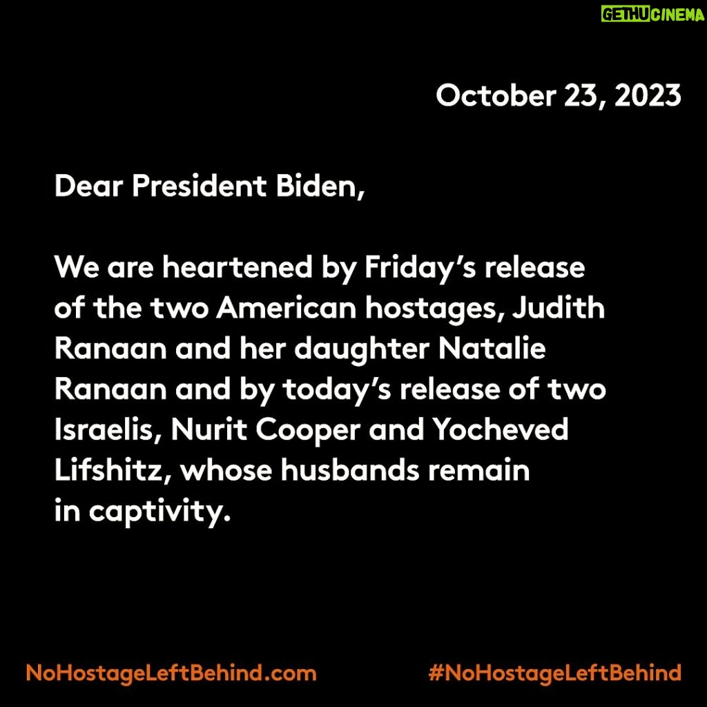 Debra Messing Instagram - Today we came together in solidarity not to divide but to unite to thank President Biden for his work releasing the hostages and urge all to #NoHostageLeftBehind