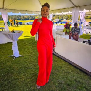Demetria McKinney Instagram - Attended Polo Classic Fashion Show! Fall colors while attending. I had so much fun 🤗
Jumpsuit by: @mariaharperdesigns 
Shot by: @cviro4real 

#sisterlocs #fashion #orange #outfit #fall