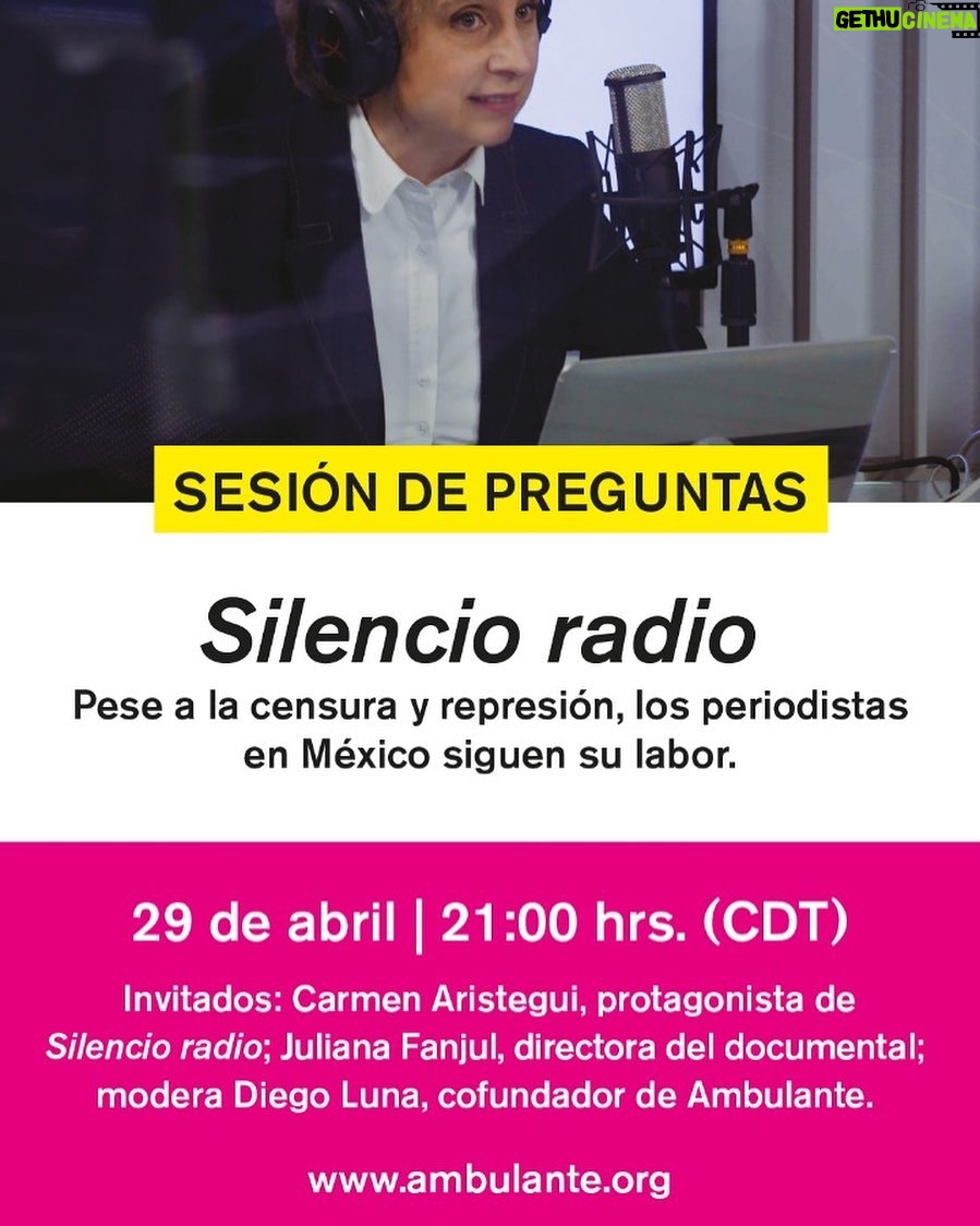 Diego Luna Instagram - Esta noche, a las 9pm moderaré una platica sobre el documental de Juliana Fanjul: Silencio Radio. Estará presente su directora y la admirada Carmen Aristegui. Entren a la página ambulante.org o a las redes de @Ambulante para acompañarnos en vivo. #AmbulanteGiraContigo 