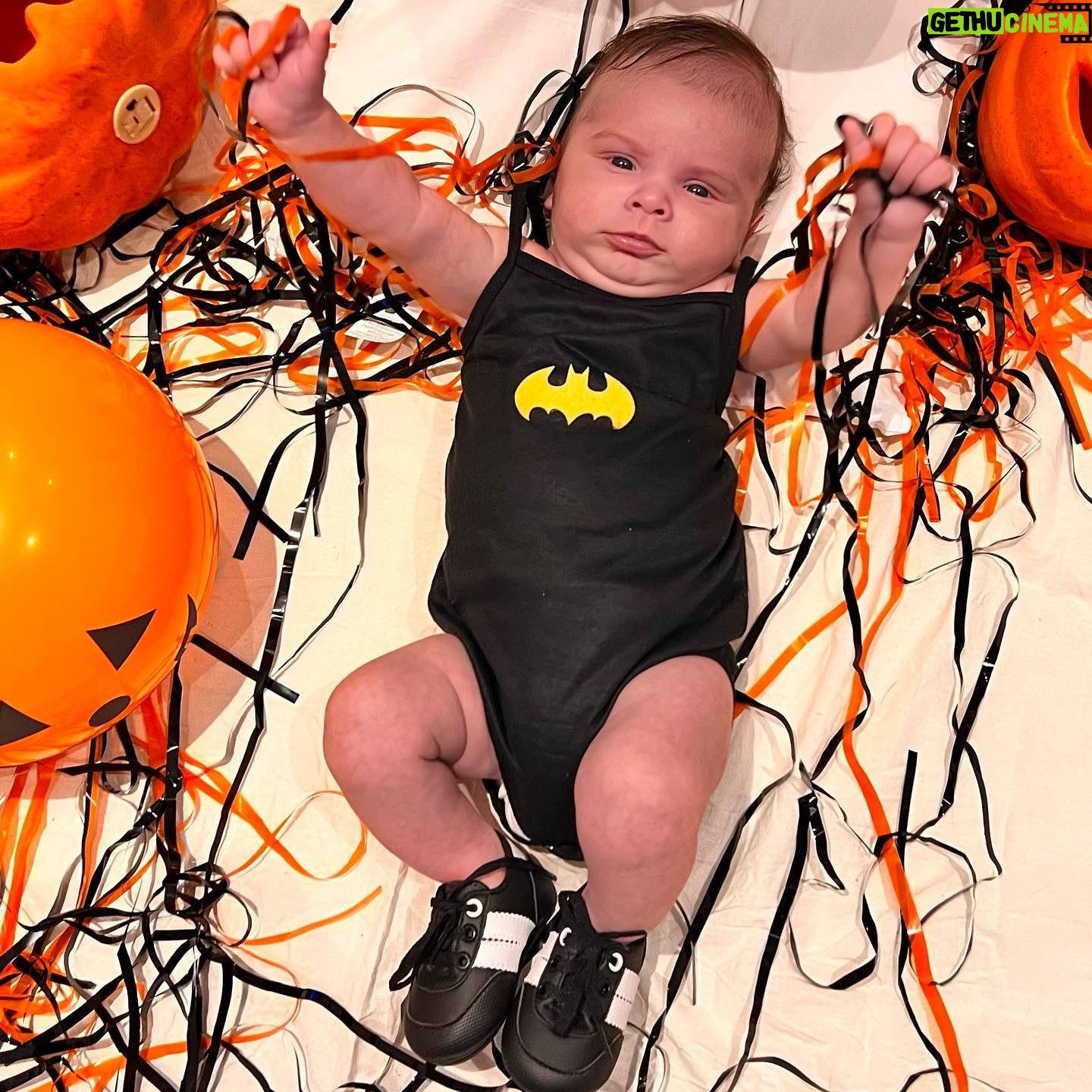 Dinah Moraes Instagram - Dois meses do meu Henry Lucca! Nosso pequeno Batman faz dois meses hoje e junto com ele sua amiga Melrislania de Batgirl. Todos os meses para comemorar o mesversário ao invés de festinha vou postar uma fotinha com cada cachorro que eu tenho ( são 08) como Henry é muito pequeno escolhemos a Melrislania por ela ser mais calma pra fazer foto, nossa pug foi adotada e venceu um câncer recentemente. Muita saúde para os dois! #halloweendoHenry #mesversario