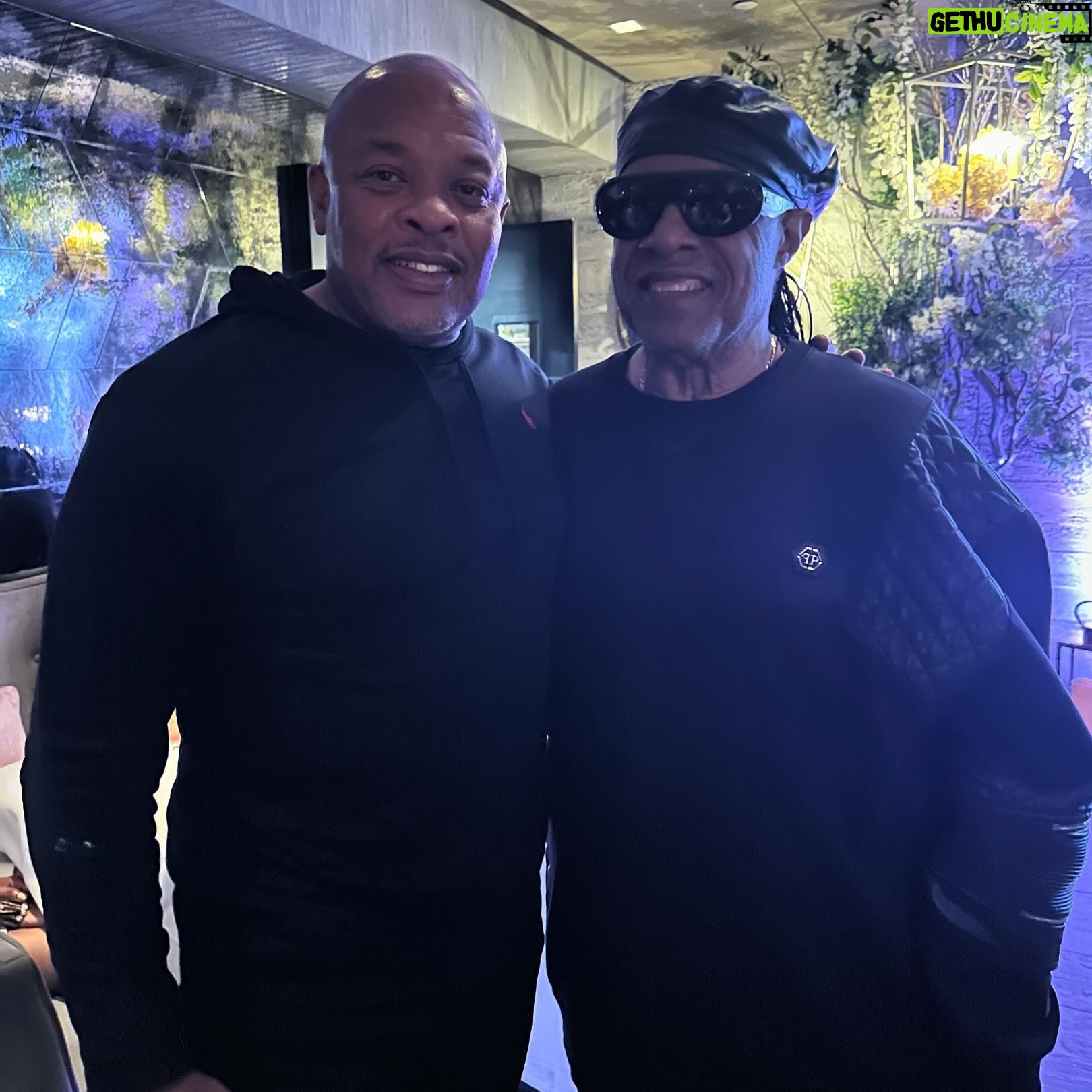Dr. Dre - 266.1K Likes - Just bumped into my hero and every musician’s favorite, Stevie Wonder... Stevie said “It’s good seeing you”