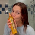 Drew Barrymore Instagram - Let’s protect our hair! Thanks to @garnierusa, I’m loving the new Whole Blends Hair Honey Milk. My hair goes through a lot of heat styling, from the dressing room to the set, but this spray delivers protection against heat, repairs strength, and prevents breakage. #GarnierPartner #GarnierWholeBlends