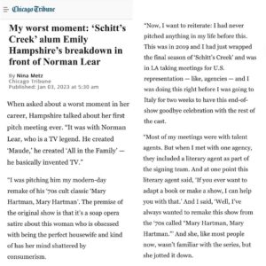 Emily Hampshire Instagram - Honestly, at 101, he’s gone too soon, and I think everyone who knew him would agree. He was always the youngest person in the room. I feel so fortunate to have spent even a second in his presence. He made everyone around him sharper, kinder, and more open-minded.
‌
I want to share the first time I met Norman Lear. I told the story to Nina Metz for a piece she does for the @chicagotribune called “My Worst Moment.” What I thought was the worst moment of my career ultimately became one of the best moments of my life.