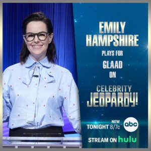Emily Hampshire Instagram - How it started ➡️ how it’s going.
‌
I will be competing TONIGHT to raise money for @glaad during #CelebrityJeopardy! @markduplass and @utktheinc are my competition and NEITHER of them practiced their buzzer technique, so…😬
‌
Tune in tonight at 8/7c on ABC to see who’s gonna get up to 1Million💰for their charity.
‌
#celebrityjeopardy