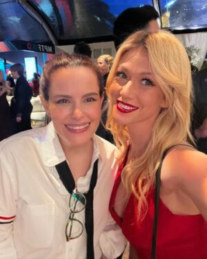Emily Hampshire Instagram - Day -> night. Thank you @bafta for the tea & party sandwiches ❤️🥪 (- crust) & @mptf for the 🍕 & 🍫. The only thing that could have made yesterday better is me being cooler —or at least just less awkward fan girling all over @carriganagain (I’m sooooorrry! 😰🫣 I just think you’re amazing and it made me weird🥸)