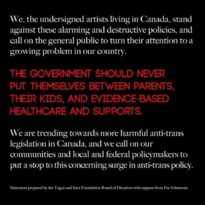 Emily Hampshire Instagram - Today on #TransgenderDayofVisibility, the @teganandsarafoundation announces an Open Letter: Artists Against Anti-Trans Legislation in Canada. For those outside of Canada, the country is often seen as a human rights haven. However, the reality is that Canada is not immune to the global attack on the trans community and their access to inclusive spaces, healthcare and freedoms.
 
More than 400 artists living in or hailing from Canada signed this letter to draw attention to the concerning rise of anti-trans legislation in the country, including proposed bans on inclusive healthcare for trans youth in Alberta, and infringement on the freedoms of gender-diverse youth to use their chosen names and pronouns at school without parental consent in New Brunswick and Saskatchewan.
 
The anti-trans policies taking root in Canada go beyond discrimination - they present a clear risk to the mental and physical well-being of trans individuals throughout the country. The undersigned artists stand against these alarming and destructive policies, and call on our communities and local and national policymakers to put a stop to this concerning surge in anti-trans policy.
 
Read the full letter and view all signatures at teganandsarafoundation.org/open-letter or the link in our bio.