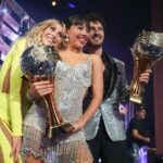 Emma Slater Instagram - THE CHAMPIONS!!!!! So so happy for these two, the season 32 winners @_xochitl.gomez @valentin. Flawless dancing and beautiful journey. Love this moment I captured between Val and @jennajohnson also, so cute 🥰 All the finalists put in so much hard work and dedication to their dances and their partnerships, congratulations to all of you guys @sashafarber1 @daniellakaragach @pashapashkov @theartemc. In the last video that’s the view we got for the big win and the pyro’s on stage caught us a little off guard 😂🫨 don’t worry we were safe ☺️