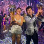 Emma Slater Instagram - THE CHAMPIONS!!!!! So so happy for these two, the season 32 winners @_xochitl.gomez @valentin. Flawless dancing and beautiful journey. Love this moment I captured between Val and @jennajohnson also, so cute 🥰 All the finalists put in so much hard work and dedication to their dances and their partnerships, congratulations to all of you guys @sashafarber1 @daniellakaragach @pashapashkov @theartemc. In the last video that’s the view we got for the big win and the pyro’s on stage caught us a little off guard 😂🫨 don’t worry we were safe ☺️