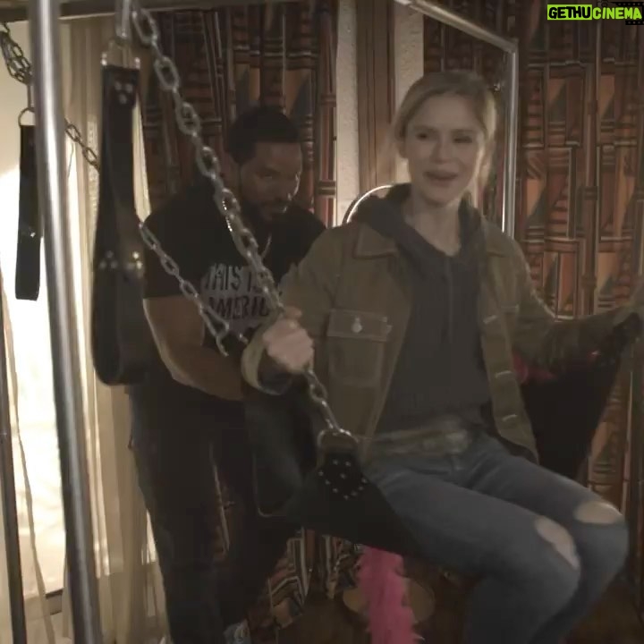 Erin Moriarty Instagram - Hangin’ on sex swings and flogging @lazofficial. A peak behind the scenes of Herogasm with my partner in (fighting) crime. @theboystv