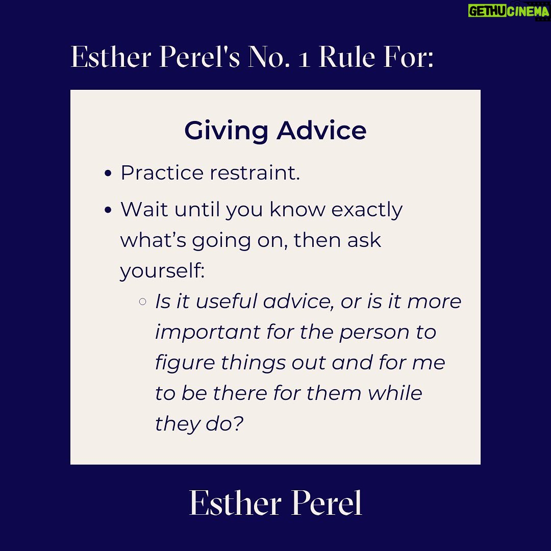 Esther Perel Instagram - "It’s a cardinal rule in therapy that practitioners aren’t supposed to tell their patients what to do or how to live. Instead, it’s their job to sagely guide them toward a new perspective." There are however rules I live by that act as guideposts and inspiration for creating deep connections, expressing myself freely, and having a bit of fun. Join me on @thecut as I explore Rules To Live By with writer Bindu Bansinath via the link in my bio.