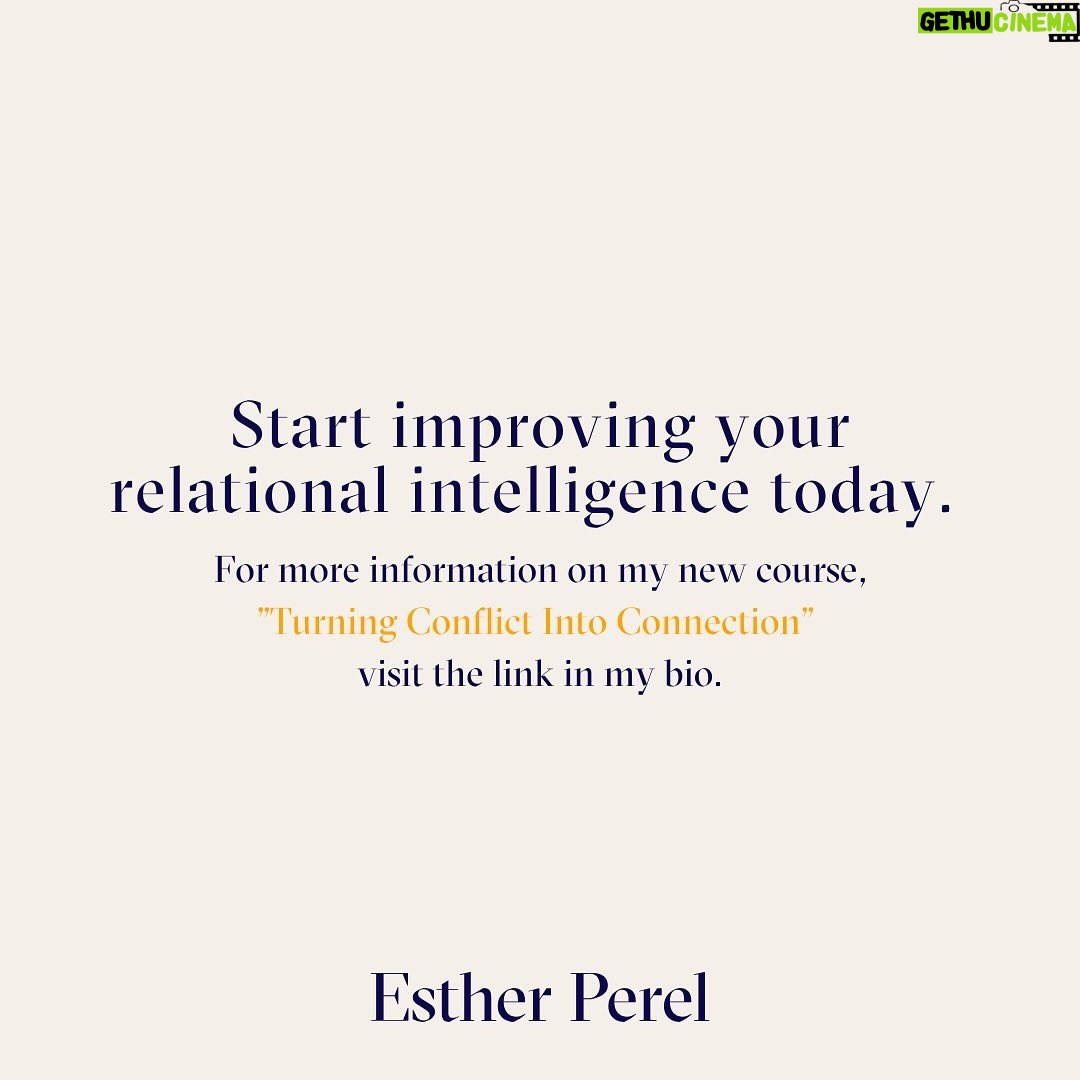 Esther Perel Instagram - Who doesn’t know the feeling of wanting to be hugged by the very person we sometimes can’t stand to be in the same room with? Instead of turning toward one another, we often find ourselves tending to our wounds alone—and missing the chance to deepen our relationships. I often have to remind my clients that experiencing conflict in their relationship—whether it looks like a silent emotional standoff, a huge blowout fight, or something in between—isn’t necessarily a bad thing. There are plenty of strong yet volatile couples out there. Conflict is often a signal pointing us toward something else: a lack of trust or closeness, a boundary or dynamic that isn’t working, or feelings of anger, disappointment, or hurt. Whatever your situation may be, my new course, "Turning Conflict Into Connection" can help you lean in and find connection with your partner even when you disagree. Inside, I’ll take you through a series of short videos and exercises to teach you what causes conflict, how you can better understand your responses (and your partner’s), and skills and frameworks you can start using right away to find peace in your relationship even when you and your partner disagree. And because it only takes one different choice to change a pattern, you can take this course with or without a partner and still experience all the benefits. You’ll learn new ways to navigate conflict more effectively and gain the relational skills it takes to build more resilient relationships in the long term. Learn more about my new course by visiting the link in my bio. I'm excited to have you join me on this journey from Conflict to Connection.