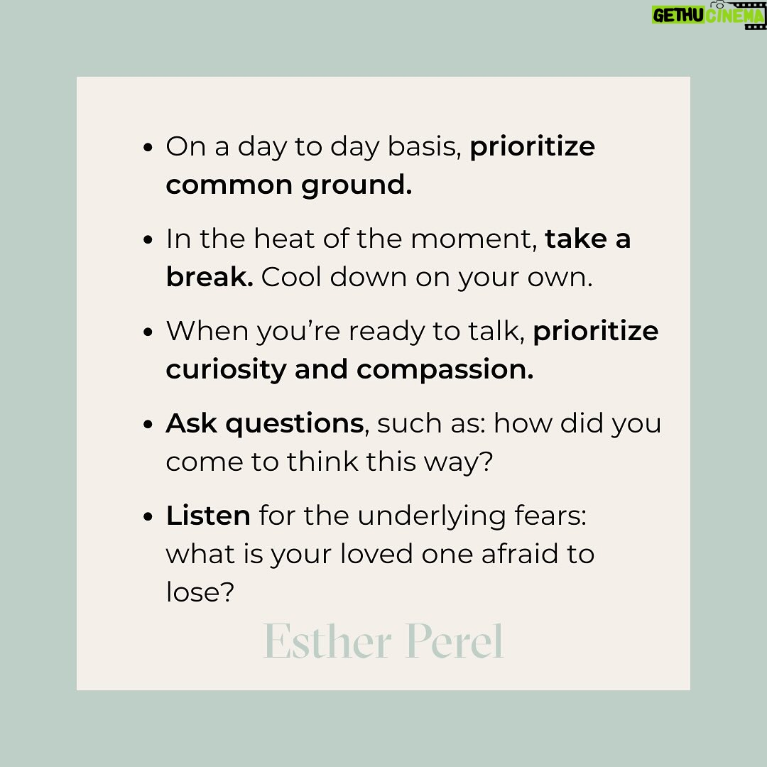 Esther Perel Instagram - Couples polarize around all kinds of values. Should we spend the holidays with your parents or mine? If we share finances, do we need to ask permission for personal spending? I’m used to hearing these stories in my office. But the clashes around social values within couples, families, colleagues, and friends have taken on a fresh pitch. Long-standing patterns in our relationships come to a head in these arguments. If you listen closely to a screaming couple, you will hear feelings around respect, recognition, control, trust, care, and power. Too often, clashing couples focus only on the surface. That can leave us feeling that, not only are we living in a world that’s gone mad, we’re living with a person we no longer recognize. Modern romance doesn’t pay much attention to “values clarification” until there is “values crisis.” But it doesn’t mean we have to stay in crisis mode. My advice to couples at a crossroads over issues rooted in values is this: step away from the content of the argument for a moment and consider the form. Swipe through for eight more pieces of advice, and for a deeper dive into the topic, check out the newsletter link in my bio.