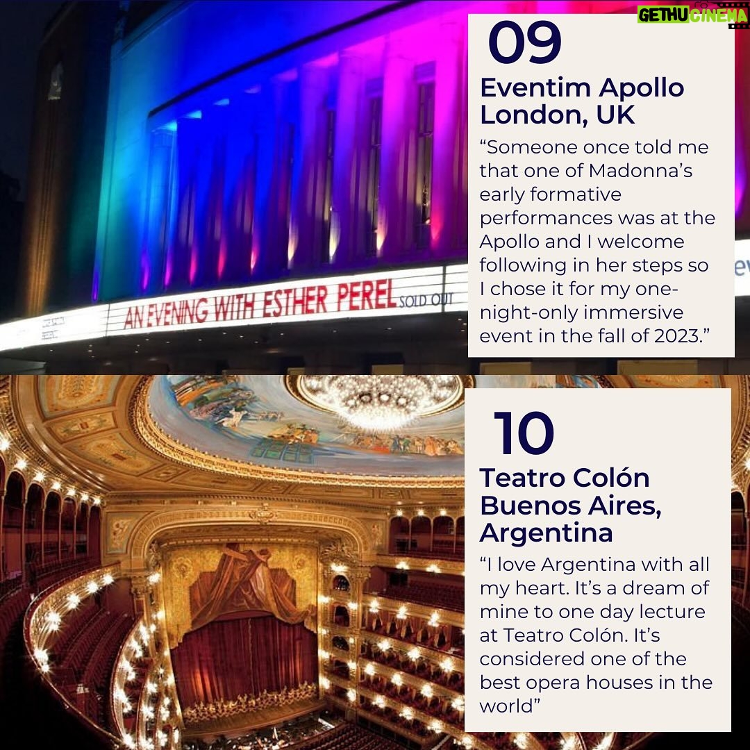 Esther Perel Instagram - Embarking on my U.S. tour has me reminiscing about the incredible theater experiences I’ve encountered worldwide. From historic landmarks to hidden gems, I’ve curated a guide with @Apple Maps showcasing ten unforgettable theaters that have shaped and inspired me. Visit the link in my bio to discover these venues and add them to your must-visit list.