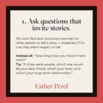 Esther Perel Instagram - Many first dates these days are like a job interview. It’s people asking each other common questions. It’s lifeless. It doesn’t elicit curiosity. I sat down with @insiderbusiness to share my tips on how to make a first date more fun. A date that gathers data is deadly. A date that evokes curiosity, discovery, serendipity, happenstance — that becomes interesting. Visit the link in my bio for 5 steps to transform your next first date.