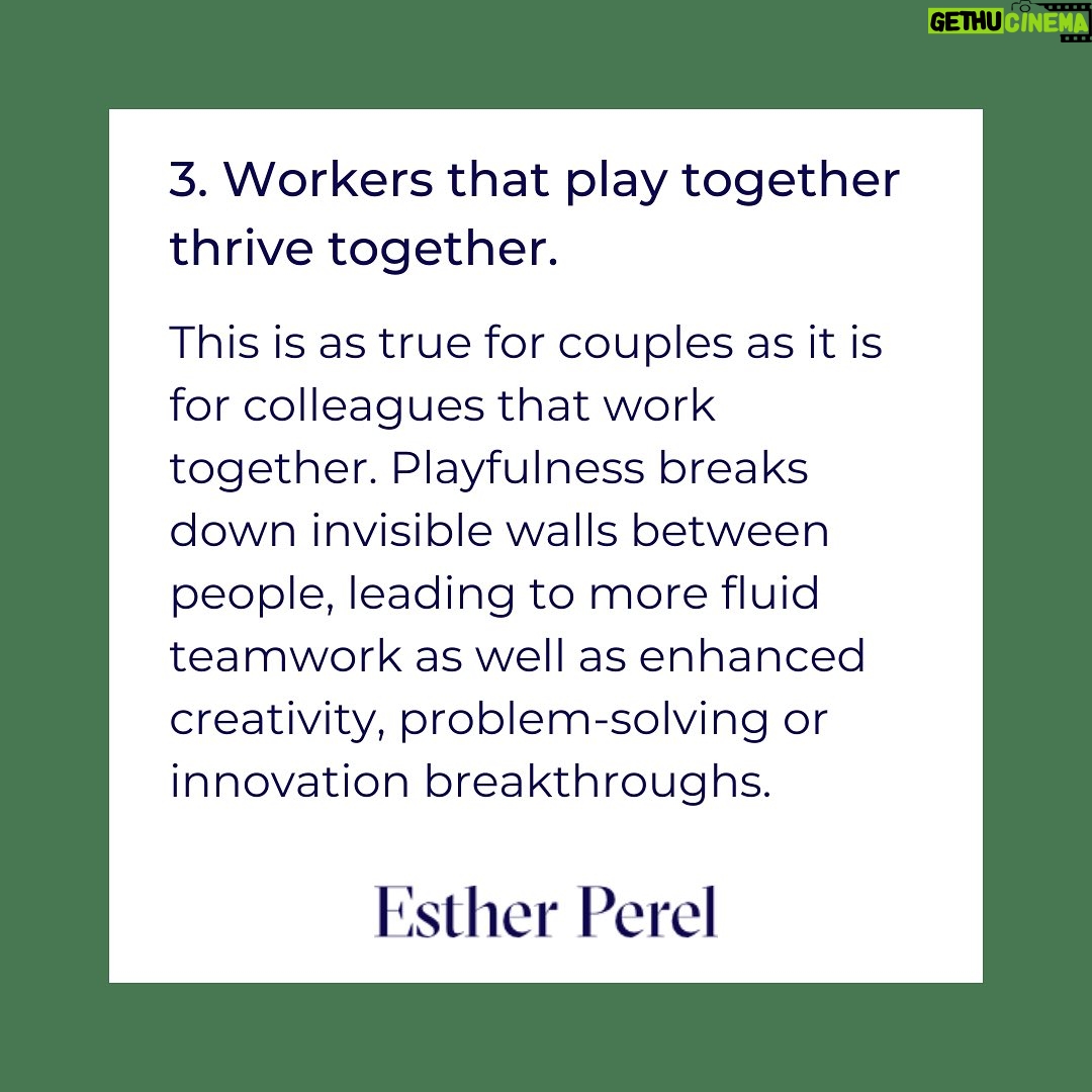Esther Perel Instagram - This month, I've been exploring what it means to take a break. Finding the true meaning of being on vacation, being able to detach from our work and home lives to focus on the importance of unwinding. Allowing ourselves the opportunity to rejuvenate, create mental space, recharge our systems and play. As the summer hiatus comes to a close and we prepare to resume business as usual, it's crucial to bear in mind that even at work, there lies room for playfulness. Playfulness breaks down invisible walls between people, often leading to more fluid teamwork as well as enhanced creativity, problem-solving or innovation breakthroughs. Visit the link in my bio to read about my 3 Secrets to Happiness at Work.
