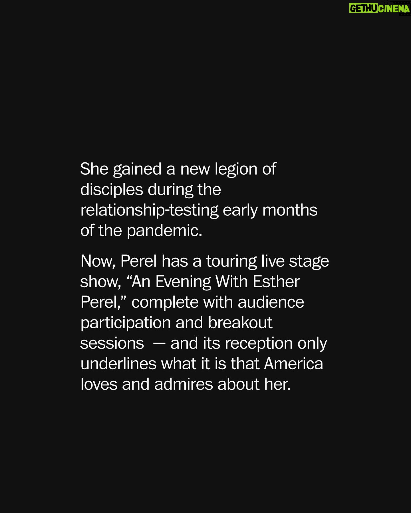 Esther Perel Instagram - @estherperelofficial, the Belgian-born daughter of two Polish Holocaust survivors, 65, has captivated millions in recent years with her disarming sense of humor, her polyglot’s worldly vocabulary and her daring but generously humane philosophies on love. Her work as a therapist and lecturer has been popular ever since the 2006 publication of “Mating in Captivity,” her guide to ensuring domesticity and sexual desire can coexist in long-term relationships. Lately, Perel has been thinking a lot about loneliness, and how it looms ever larger over a society that believes it’s hyperconnected. So with help, she created “An Evening With Esther Perel.” To read more about Perel and her new tour, tap the link in our bio. Photos by @jessedittmar.