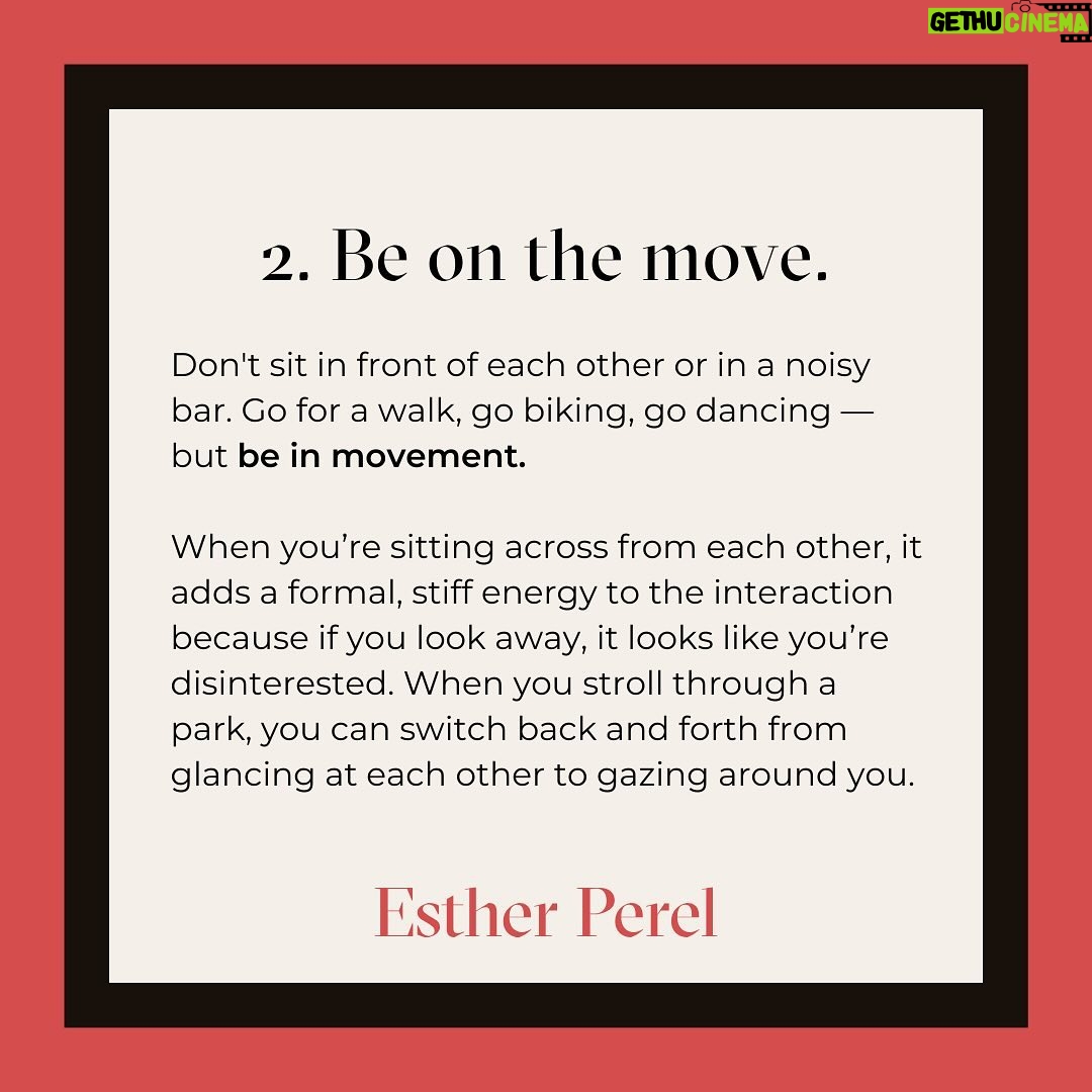 Esther Perel Instagram - Many first dates these days are like a job interview. It’s people asking each other common questions. It’s lifeless. It doesn’t elicit curiosity. I sat down with @insiderbusiness to share my tips on how to make a first date more fun. A date that gathers data is deadly. A date that evokes curiosity, discovery, serendipity, happenstance — that becomes interesting. Visit the link in my bio for 5 steps to transform your next first date.