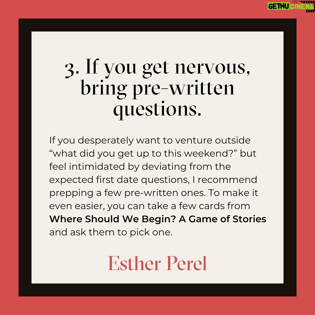 Esther Perel Instagram - Many first dates these days are like a job interview. It’s people asking each other common questions. It’s lifeless. It doesn’t elicit curiosity. I sat down with @insiderbusiness to share my tips on how to make a first date more fun. A date that gathers data is deadly. A date that evokes curiosity, discovery, serendipity, happenstance — that becomes interesting. Visit the link in my bio for 5 steps to transform your next first date.
