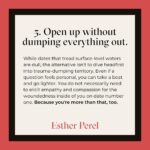 Esther Perel Instagram - Many first dates these days are like a job interview. It’s people asking each other common questions. It’s lifeless. It doesn’t elicit curiosity. I sat down with @insiderbusiness to share my tips on how to make a first date more fun. A date that gathers data is deadly. A date that evokes curiosity, discovery, serendipity, happenstance — that becomes interesting. Visit the link in my bio for 5 steps to transform your next first date.